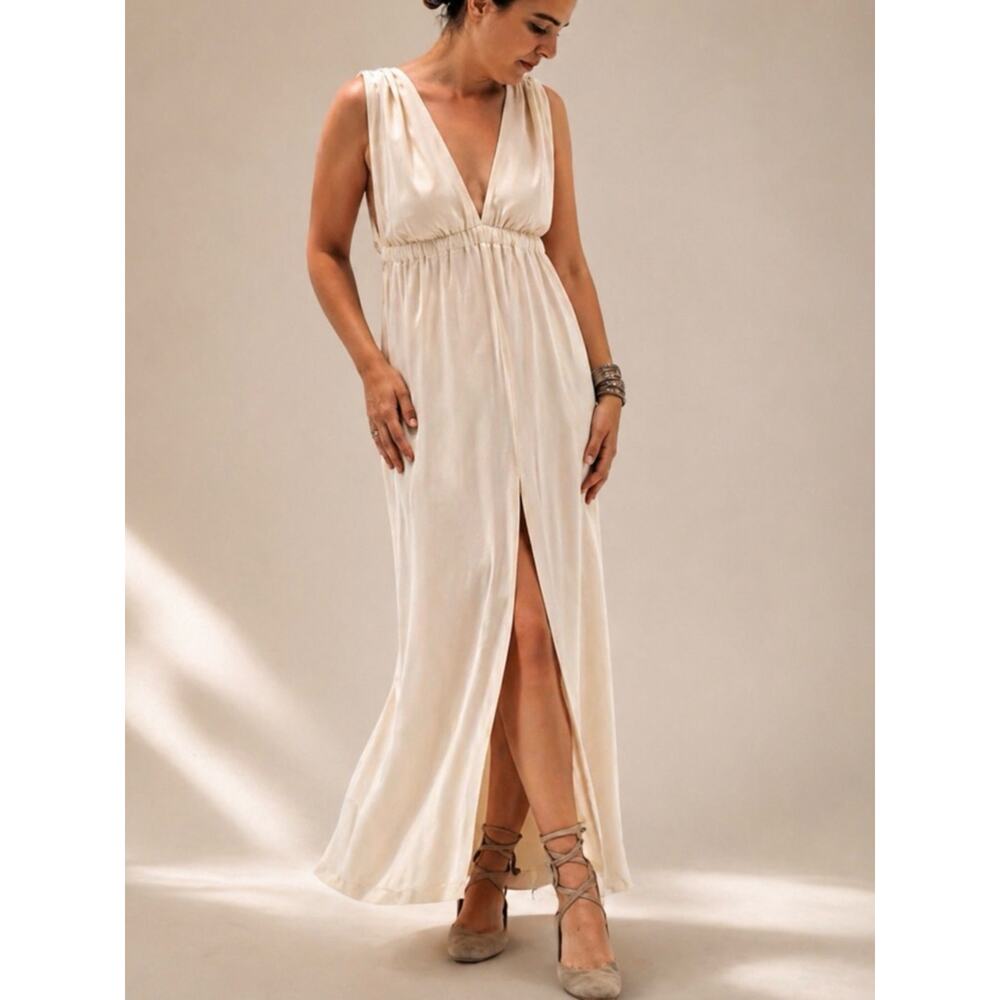 Organic Cotton Boho Open Back Maxi Dress, Natural Cream Summer Resort Slit Dress